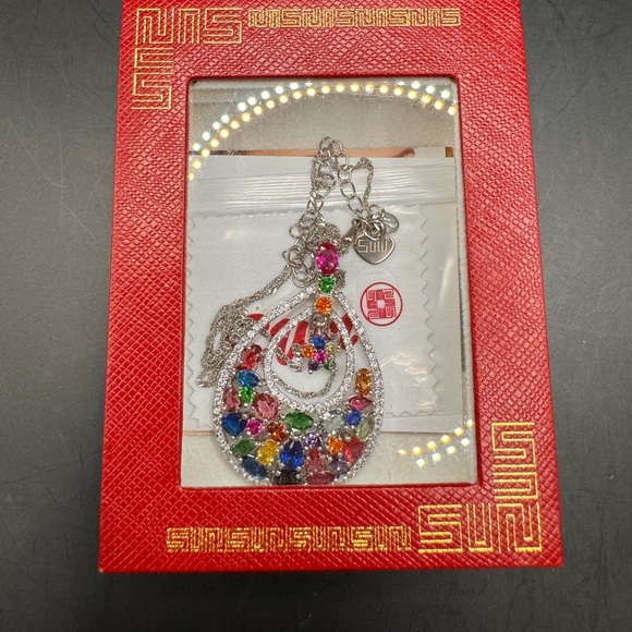 Platinum Plated Sterling Silver pendant with cubic zirconia & multicoloured gems - Picture 13 of 13